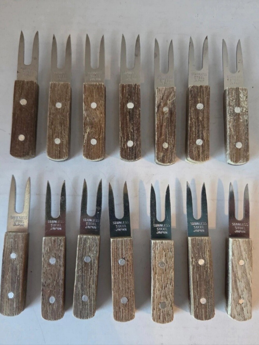 VTG Wood Holders Midcentury Modern (Japan) 2 Pronged Lot Of 14 Stainless Steel